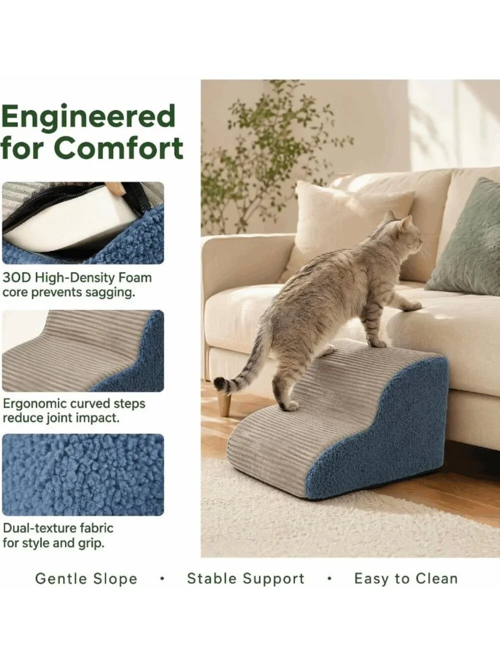 Cozy 2-Step Foam Pet Stairs for Bed & Couch, 12
